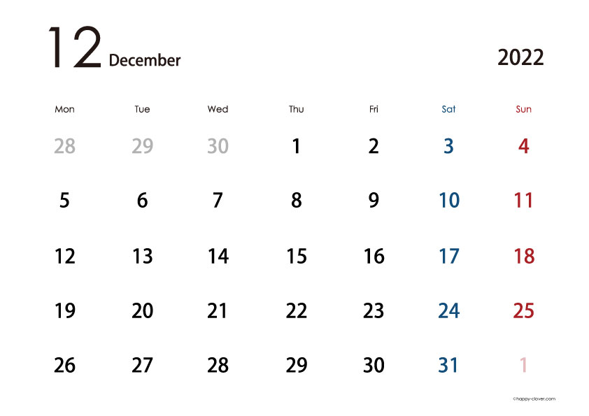 22年12月 シンプルカレンダー 横型 月曜はじまり Happy Clover