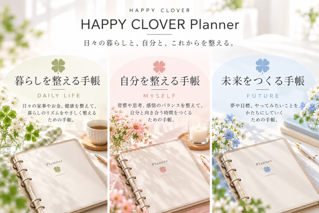 HAPPY CLOVER Plannerは、暮らしの記録や習慣、夢や目標などをまとめられる、A5サイズの無料手帳リフィルシリーズです。